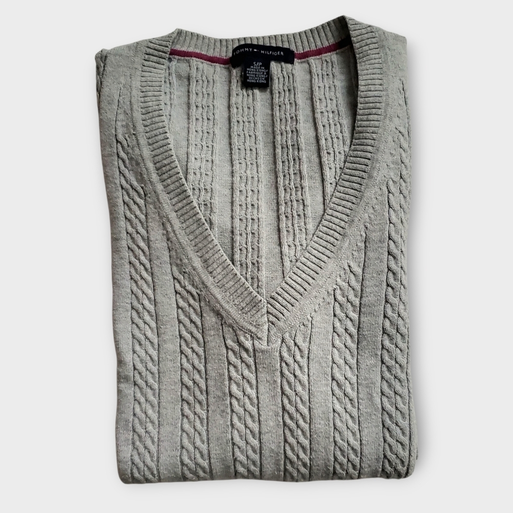 Tommy Hilfiger Women’s Classic Cable Knit Gray Sweater V-Neck Cotton S/P